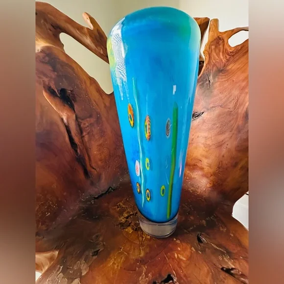 🌼 Like New Vintage 90's MilleFiori Vibrant Blue Art Glass Vase 🏺 🌺 - Picture 7 of 7